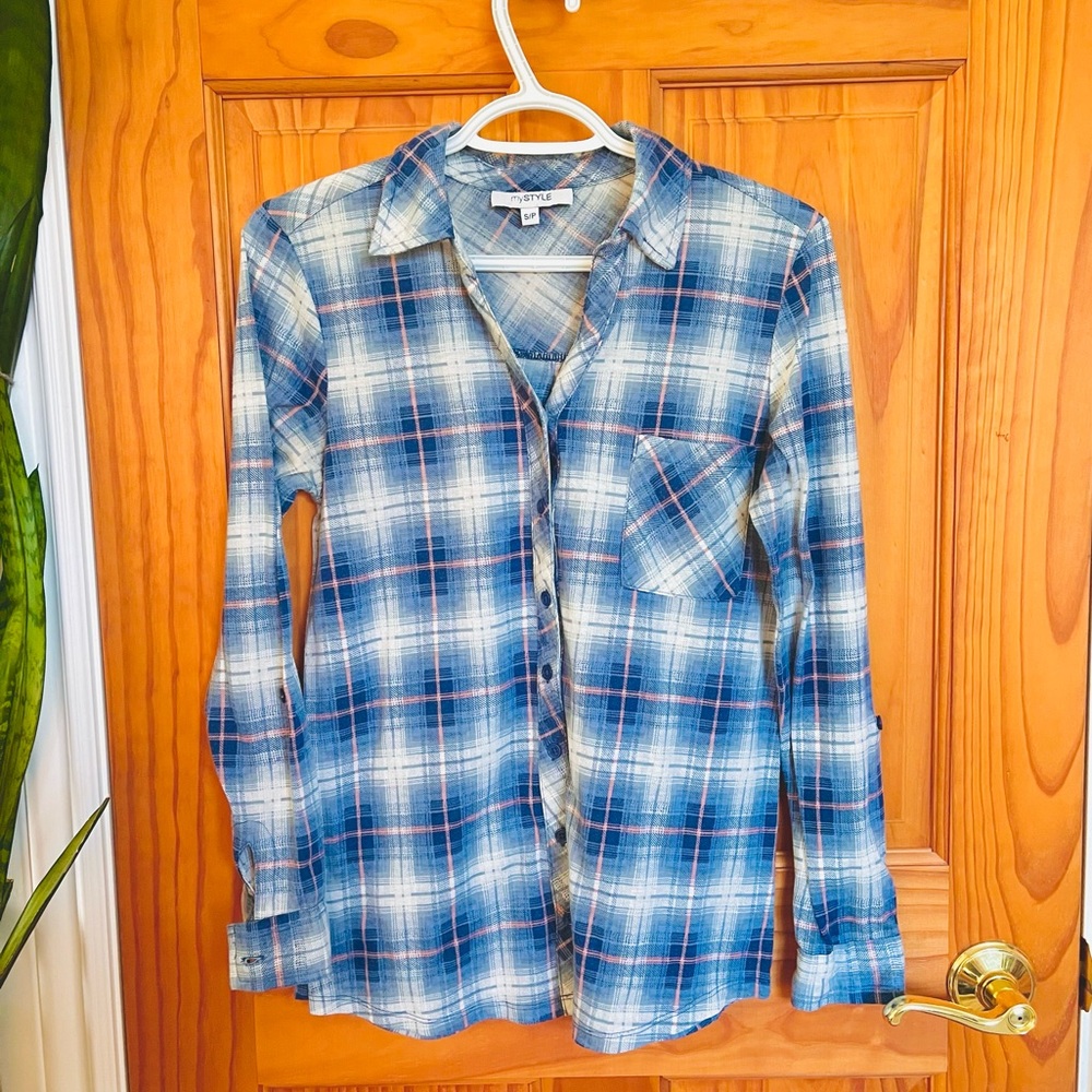 MYSTYLE Blue with Pink Plaid Button Down, S